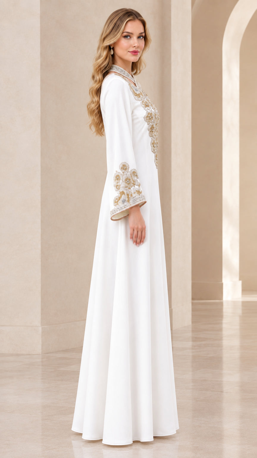 Side profile of elegant white long kaftan dress with metallic embroidered cuffs