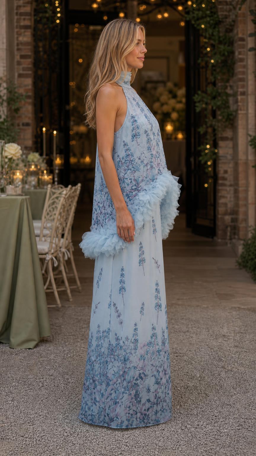 Side profile view of light blue floral halter maxi dress