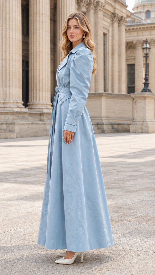 Side profile of light blue full length puff sleeve trench coat