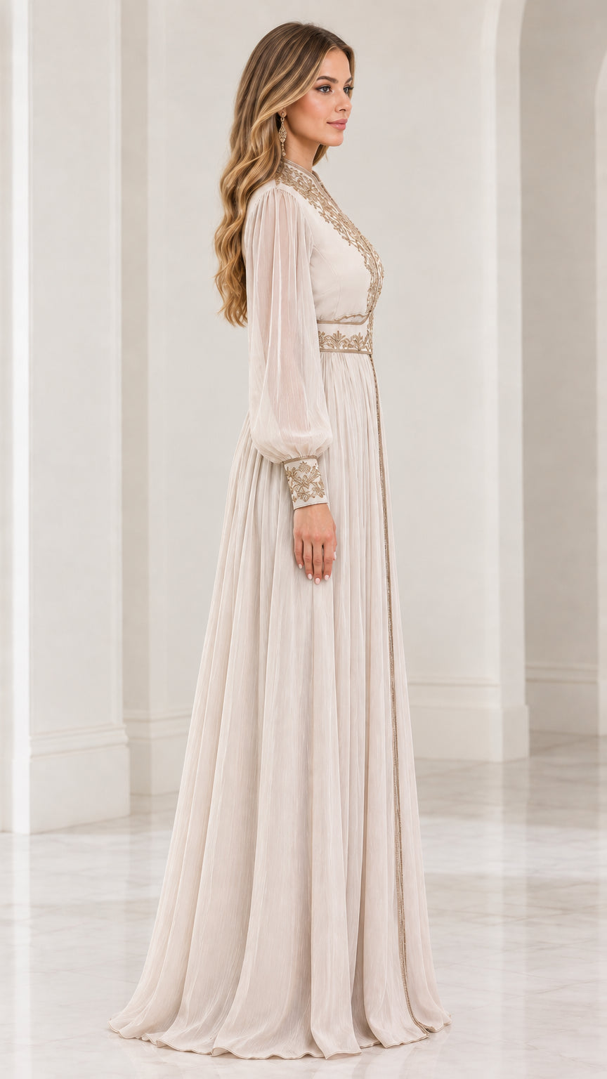 Side profile view of champagne long sleeve formal evening gown