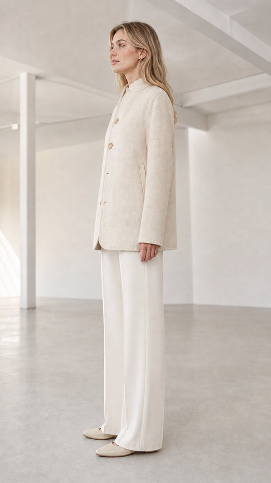 Three-quarter side view of model in cream stand collar tailored coat