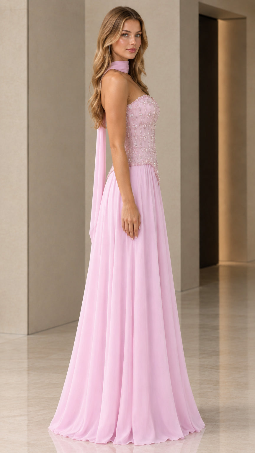 Side angle view of model in pink strapless chiffon formal dress