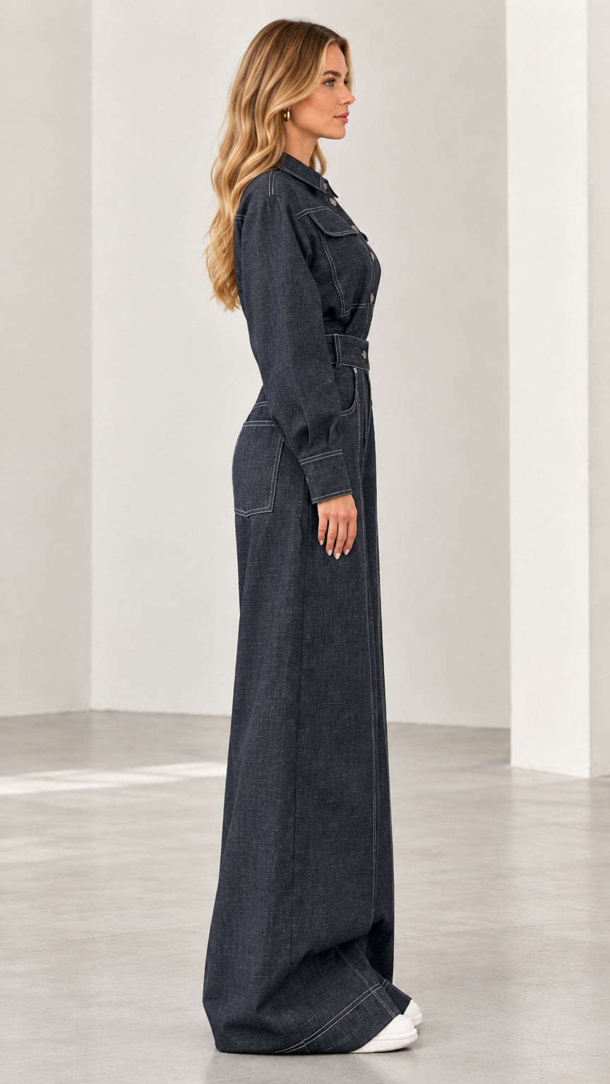 Side profile of model wearing dark blue belted wide-leg denim jumpsuit