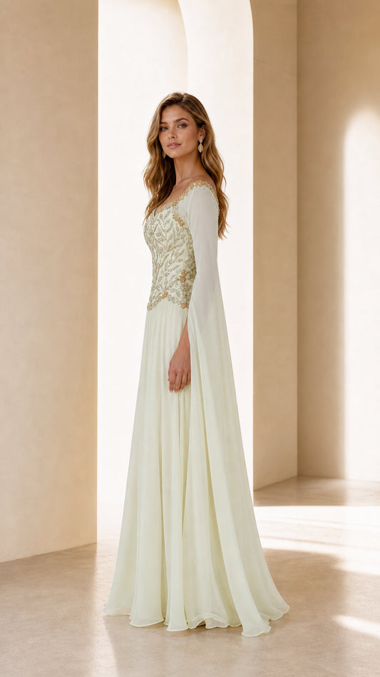 Side profile view of ivory evening gown with cape sleeves