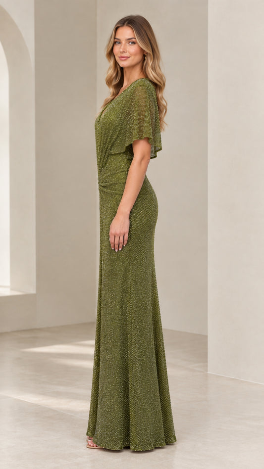 Side profile of model wearing Olive Green flutter sleeve evening dress