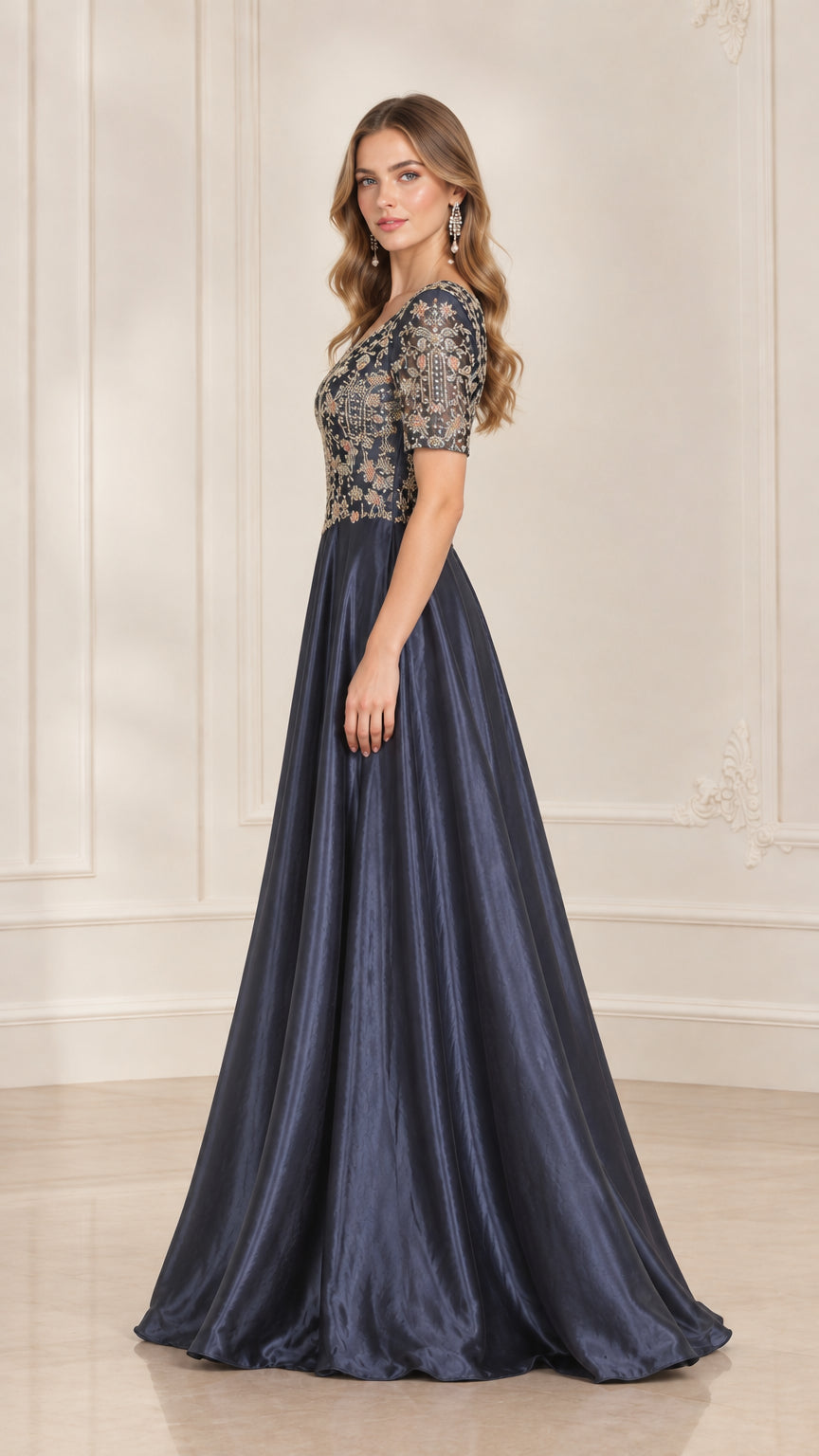 Side profile view of Navy Blue floor-length formal gown with beaded bodice