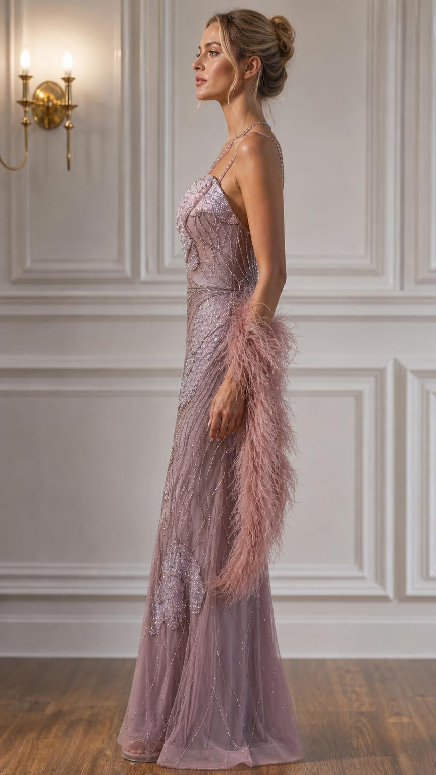 Model wearing mauve evening gown side profile view