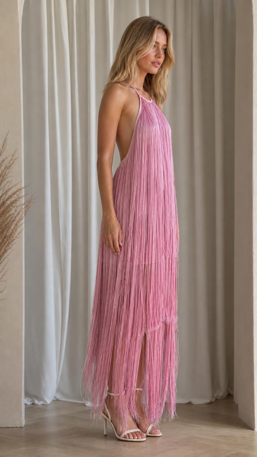 Side profile of model in pink fringe dress