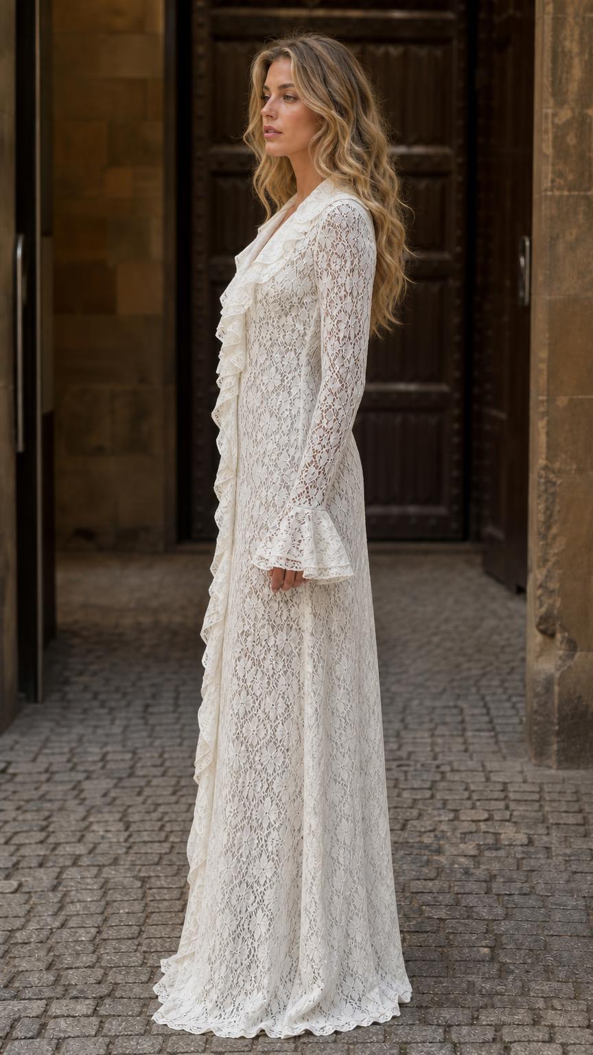 Side profile view of woman wearing white lace dress
