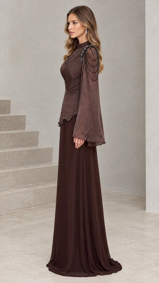 Side profile view of Chocolate Brown long sleeve beaded formal maxi dress