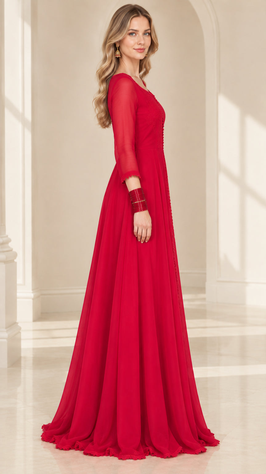 Side profile view of model wearing red chiffon formal A-line maxi dress