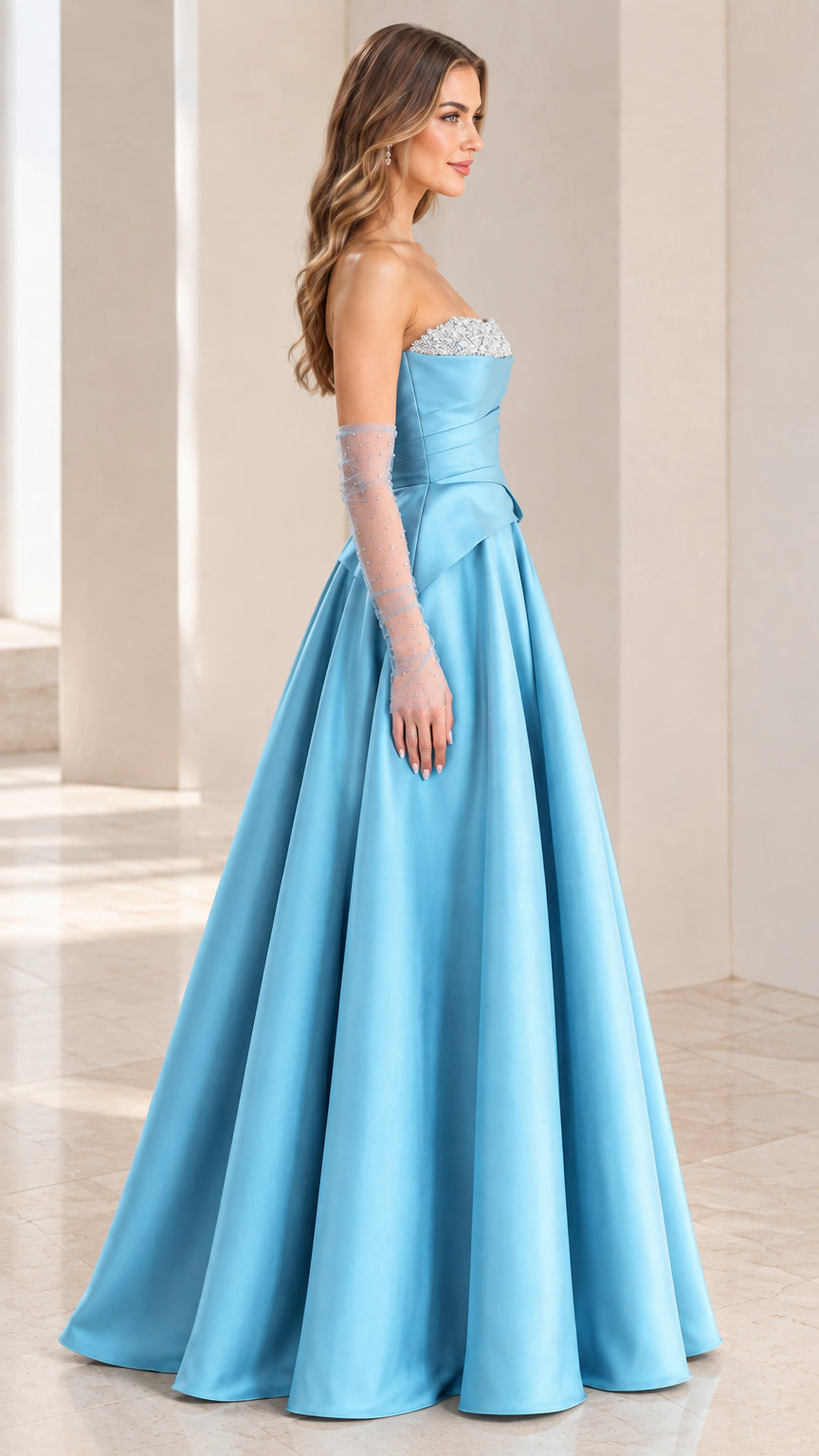 Sky blue formal ball gown with ruched bodice three-quarter side view