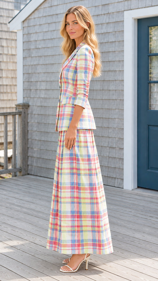 Side profile view of woman modeling pastel plaid two-piece suit set