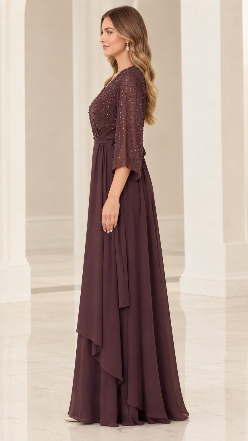 Side profile view of woman wearing Plum beaded formal gown