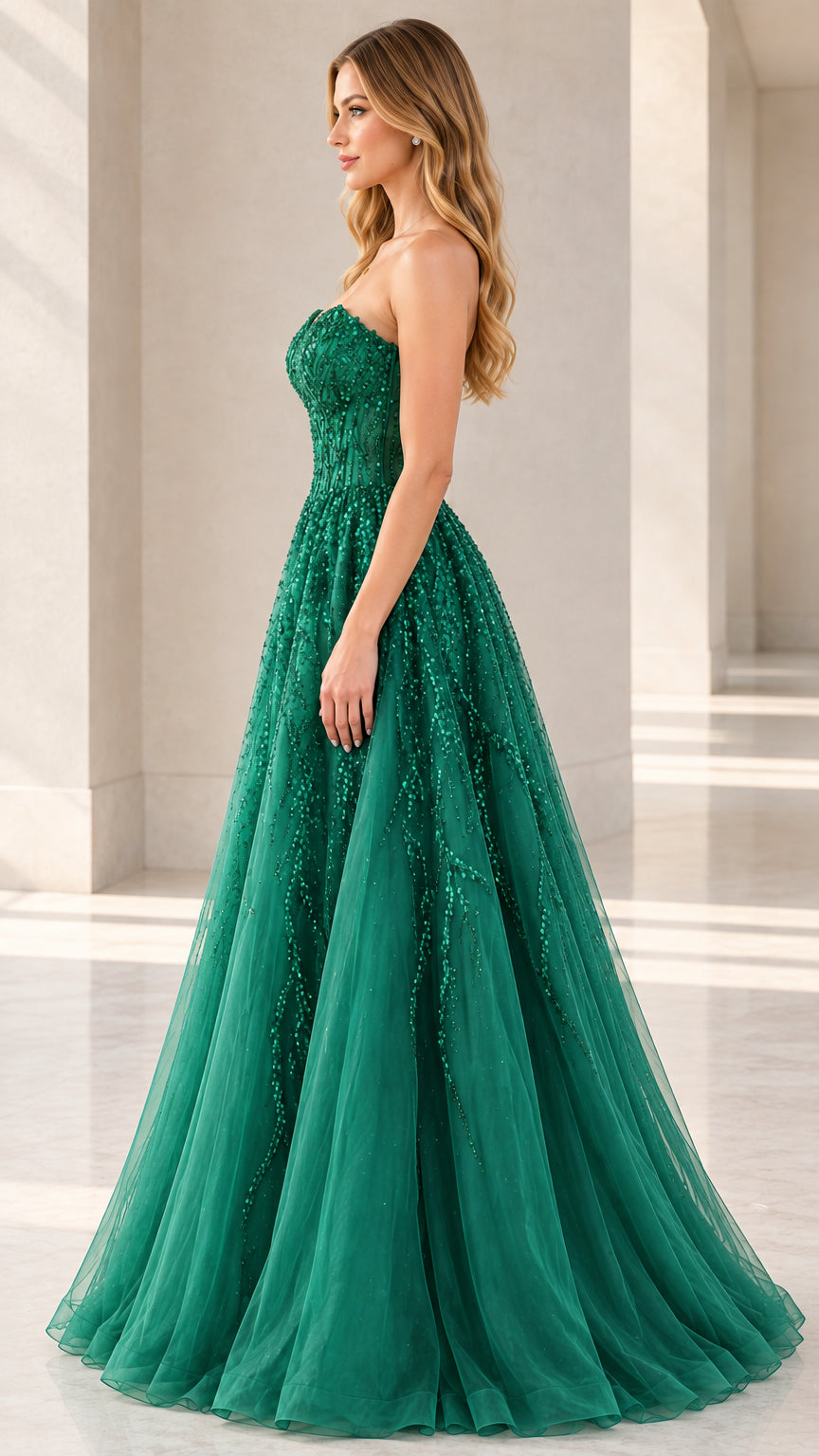 Emerald green sequin tulle formal dress side angle view