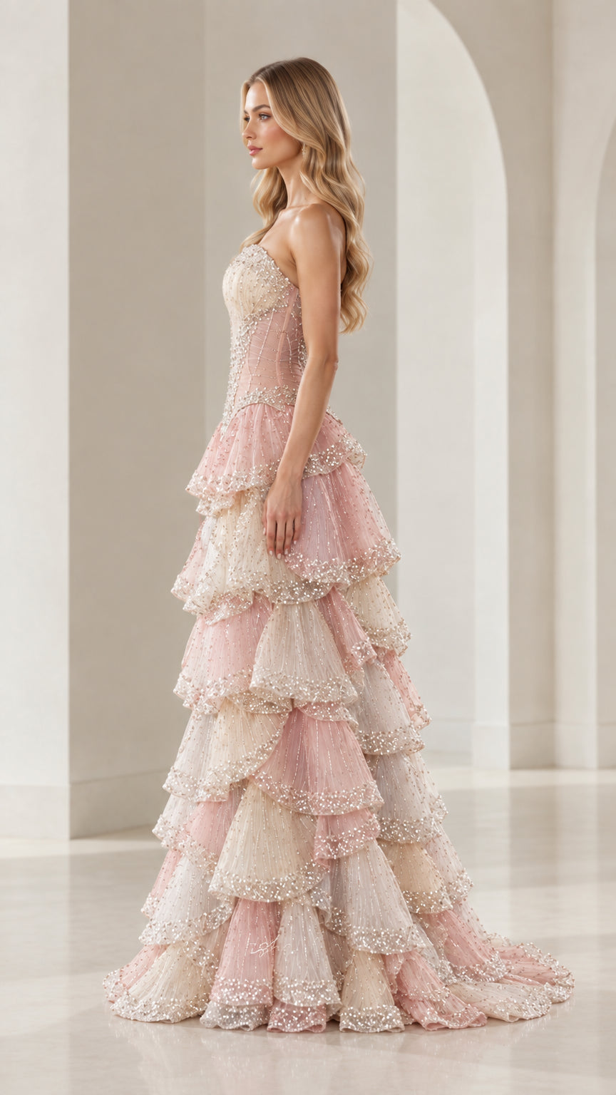 Side profile view of Blush Pink Multi strapless tiered ruffle evening gown