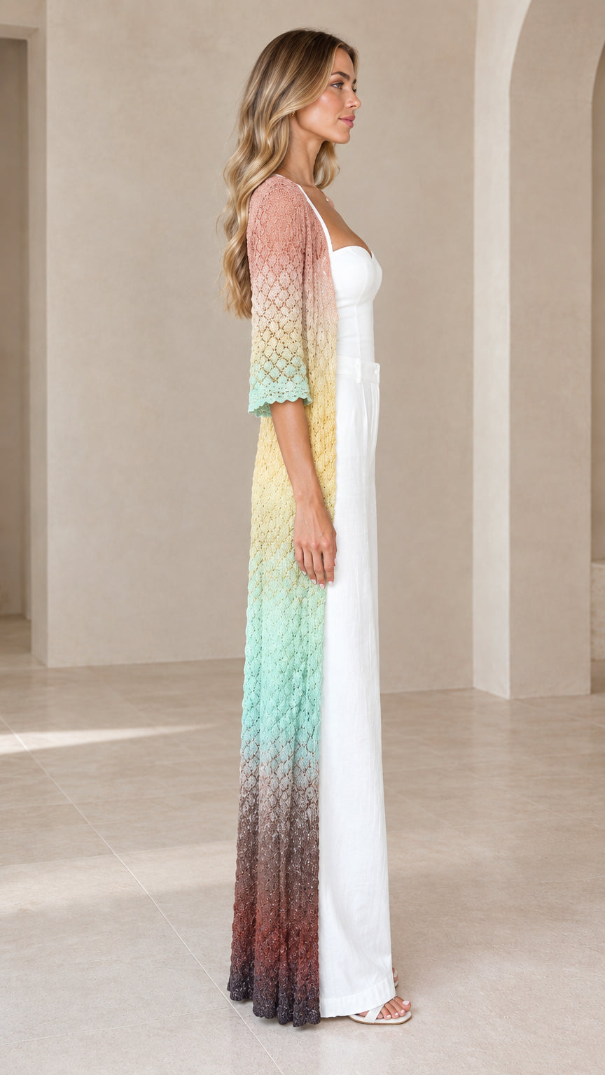 Side profile of woman showcasing length and drape of Pastel Multi crochet duster cardigan