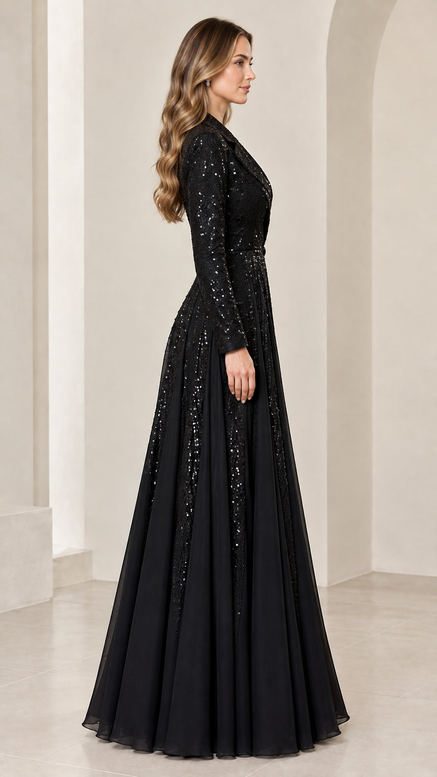 Side profile of black sequined evening gown with flowing pleated skirt