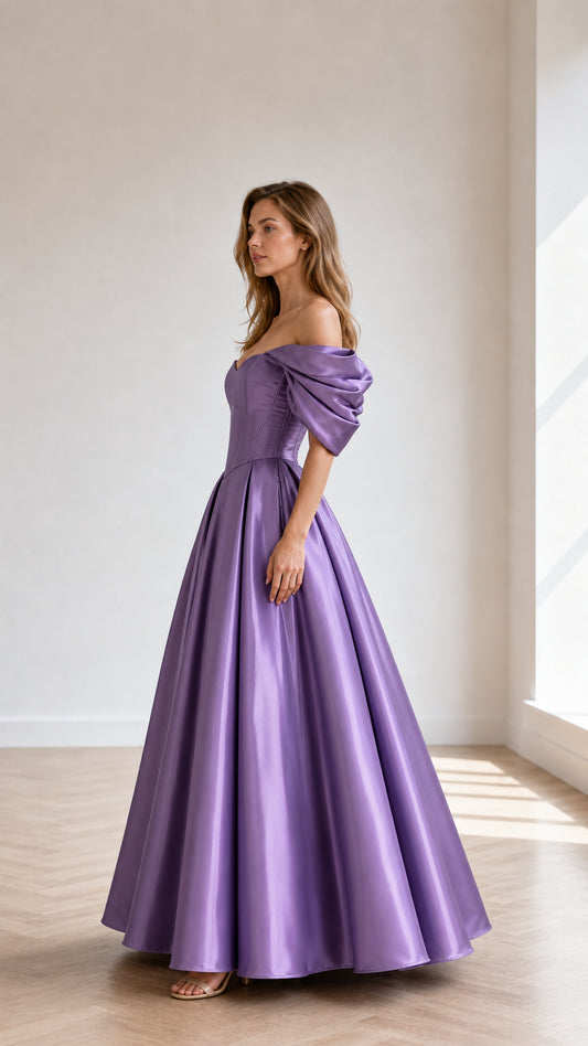 Lavender off-shoulder formal gown shown from the side