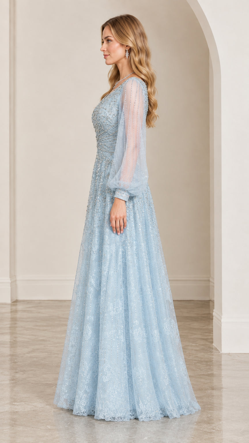Side profile view of Light Blue long sleeve A-line formal gown