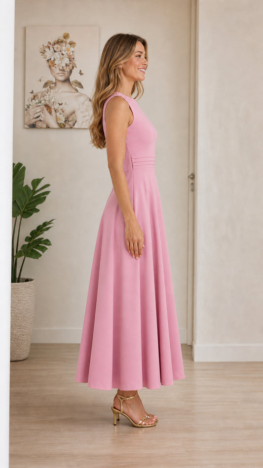 Model wearing pink midi dress side profile