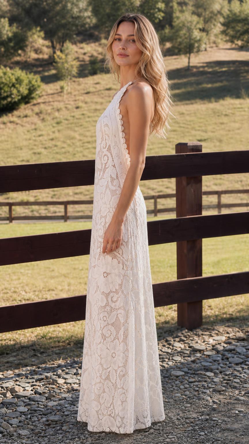 Side profile of model in white lace maxi dress near wooden fence