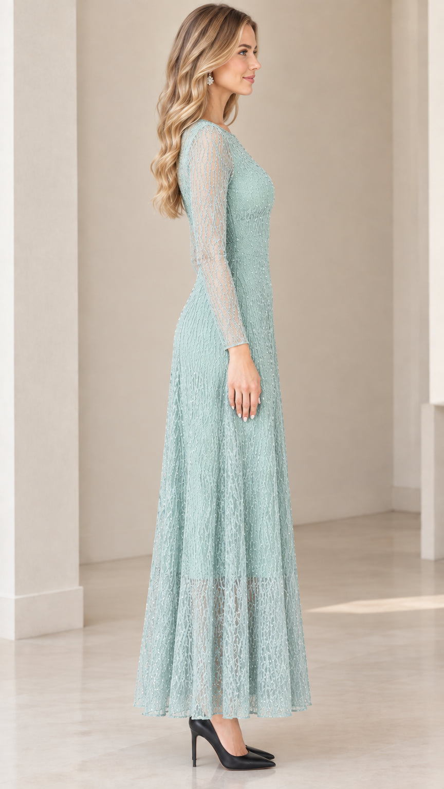 Side profile view of Sage Green lace maxi formal dress