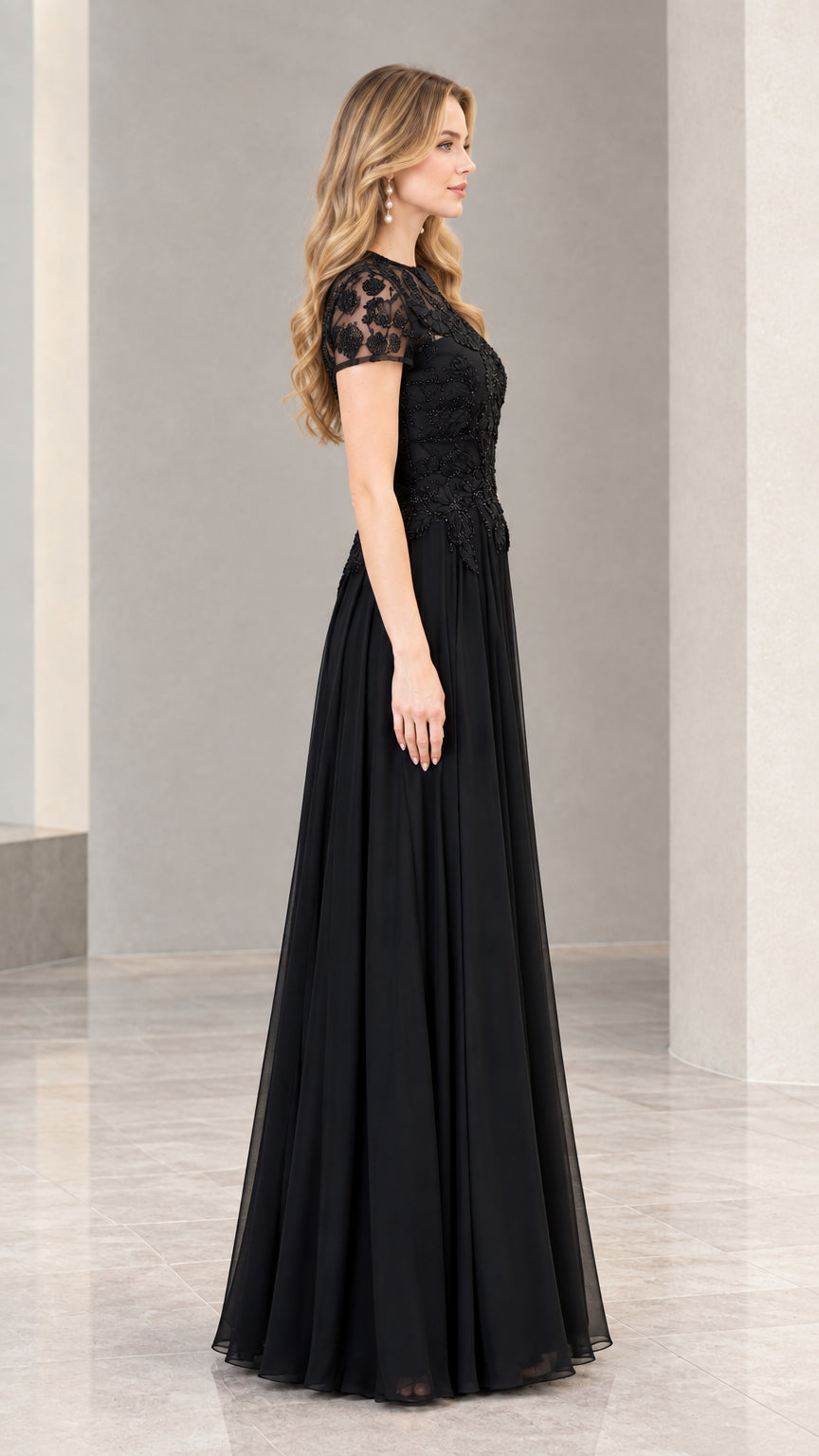 Black floral lace formal gown side profile view