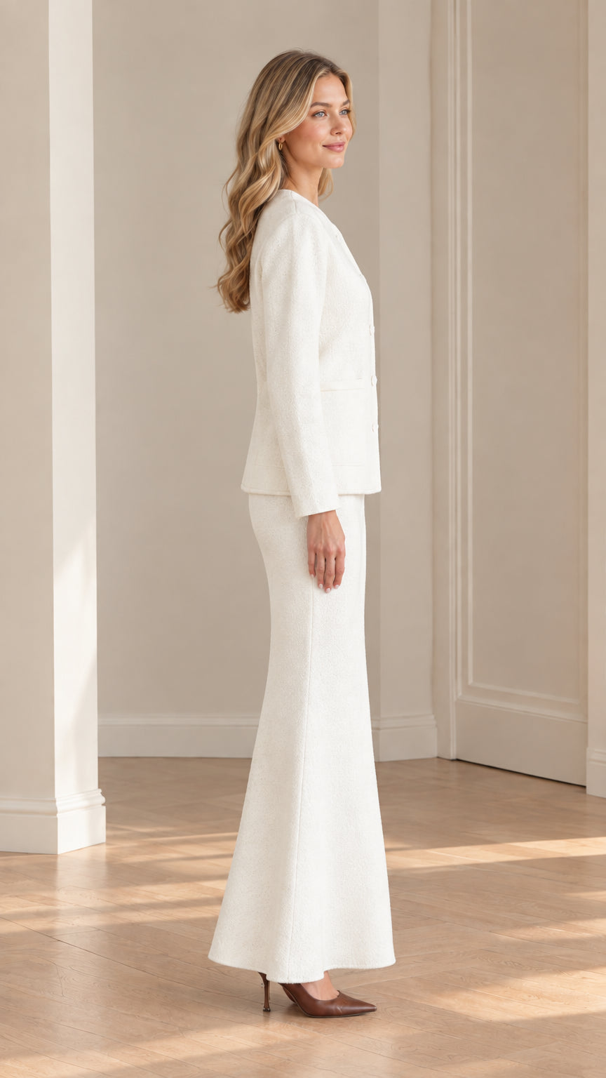 Side profile view of ivory textured jacket and floor-length maxi skirt