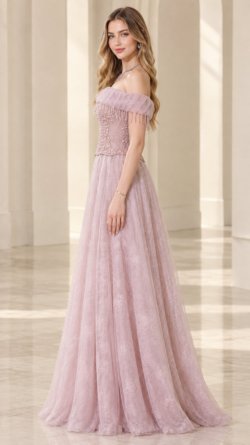 Dusty rose A-line beaded formal gown side angle view
