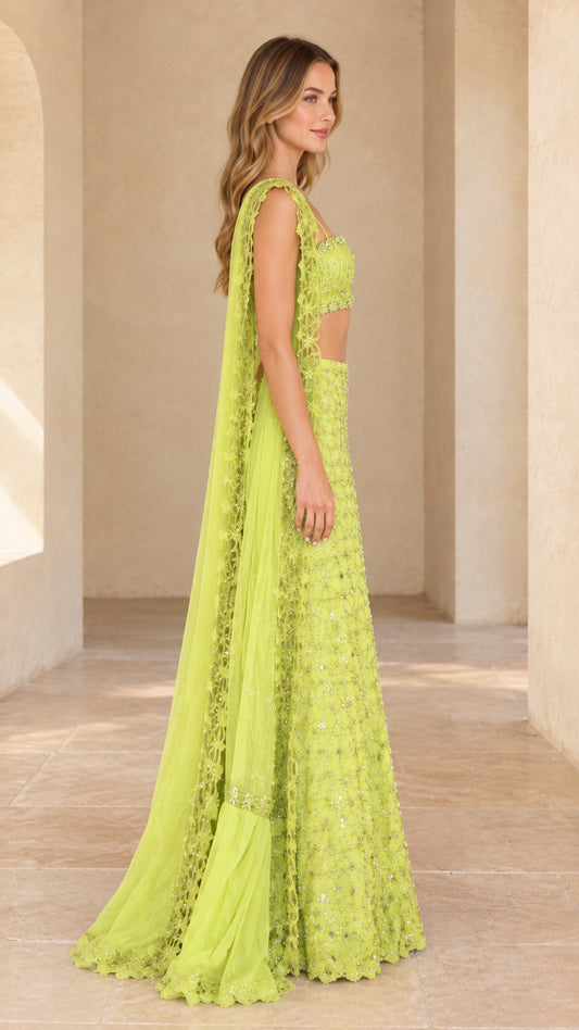 Lime green sequined lehenga set side view showing draped dupatta