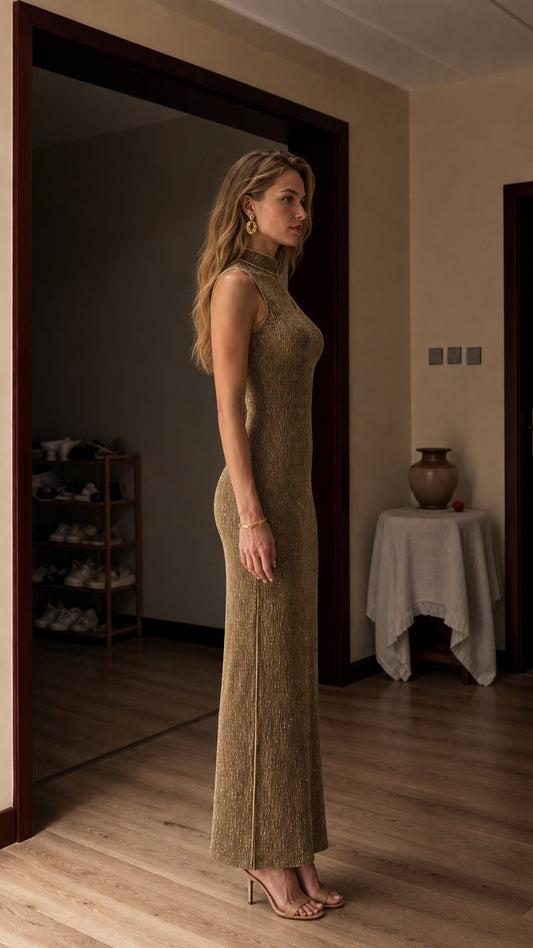 Side profile view of model in gold metallic dress