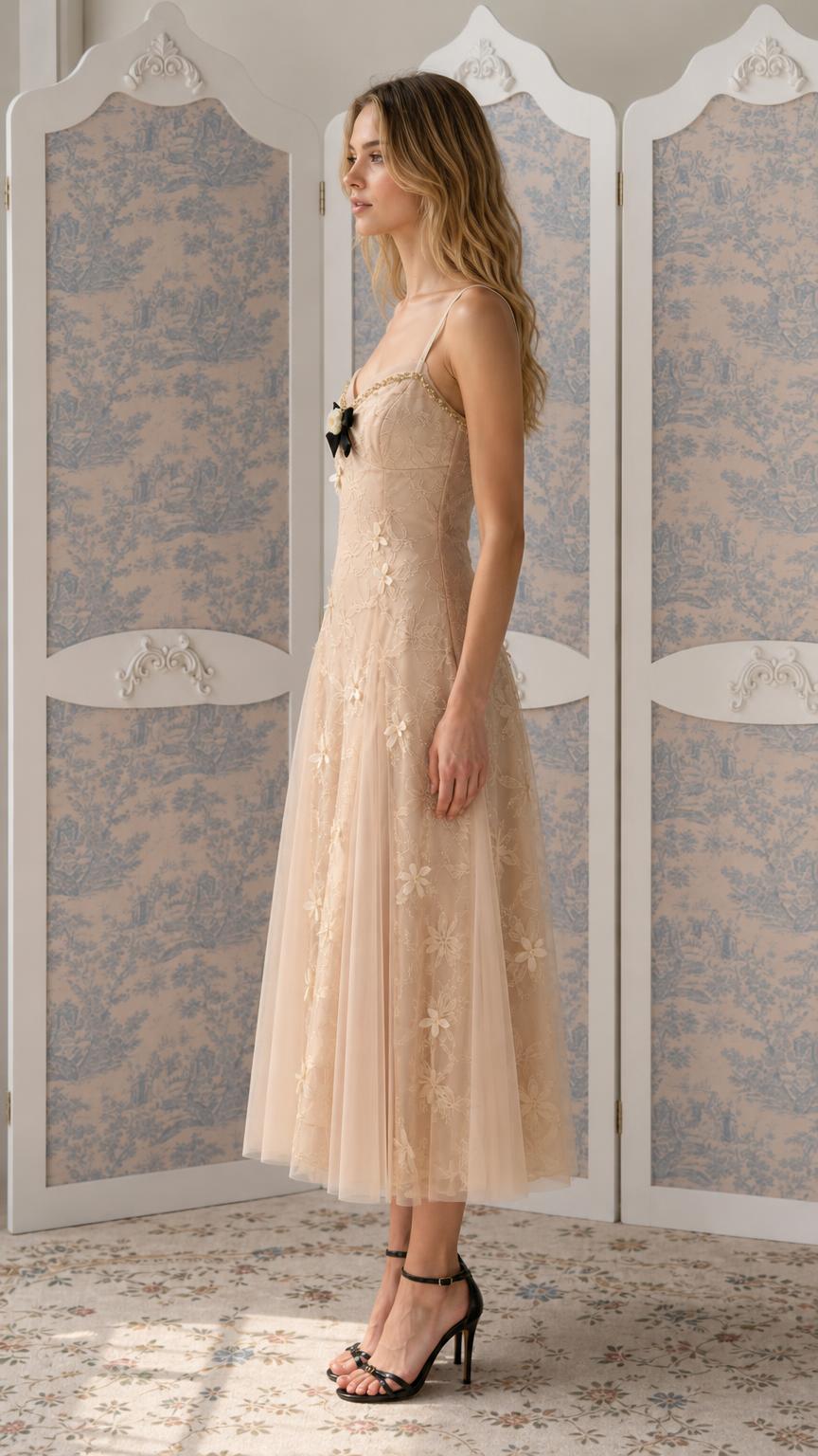 Side view of Champagne midi dress