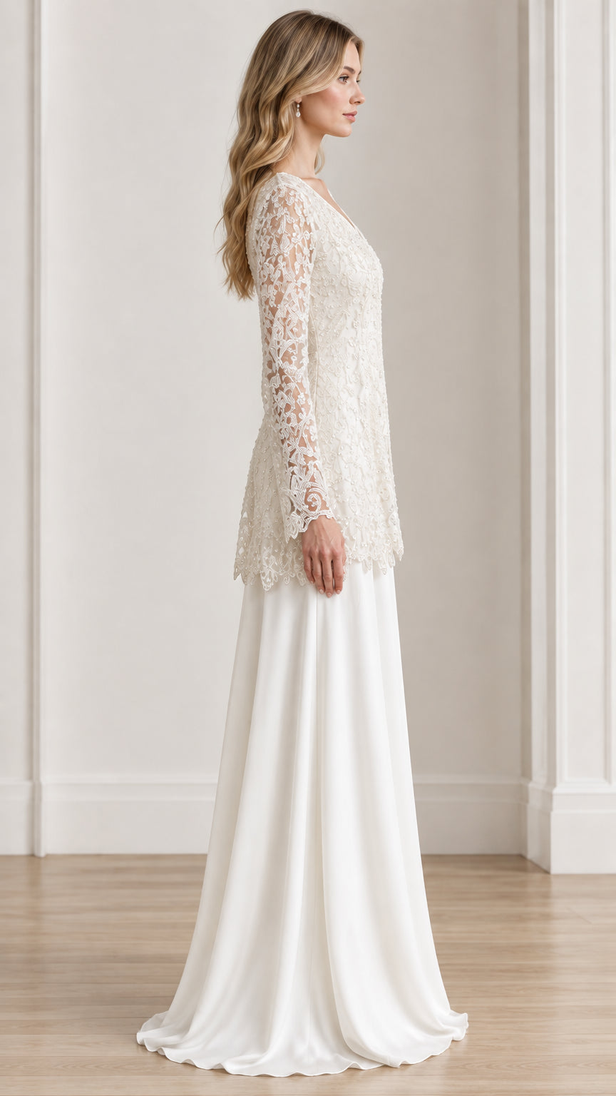 Side profile view of Ivory embroidered lace evening pant suit