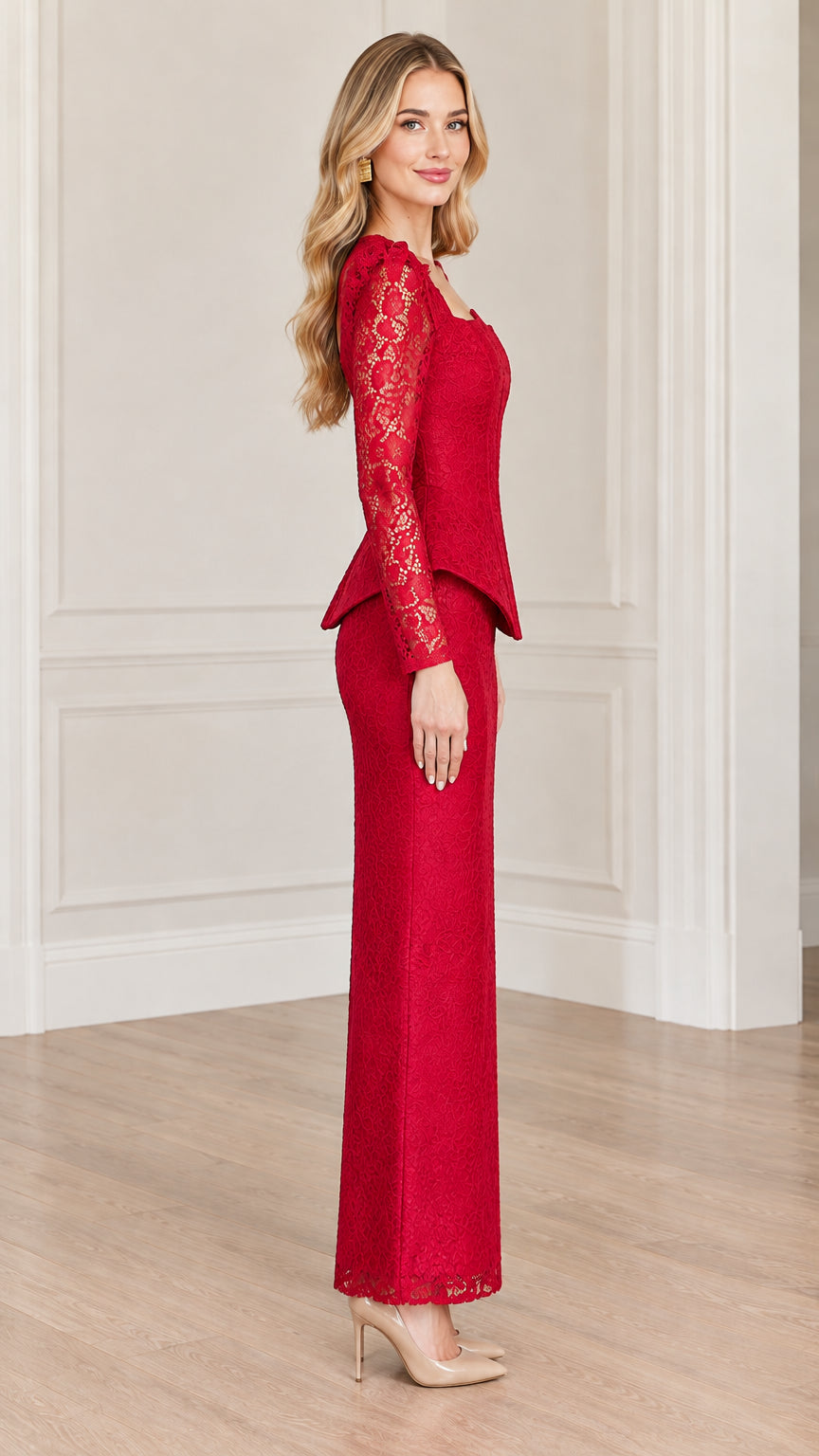 Side profile view of red tailored peplum floral lace evening gown