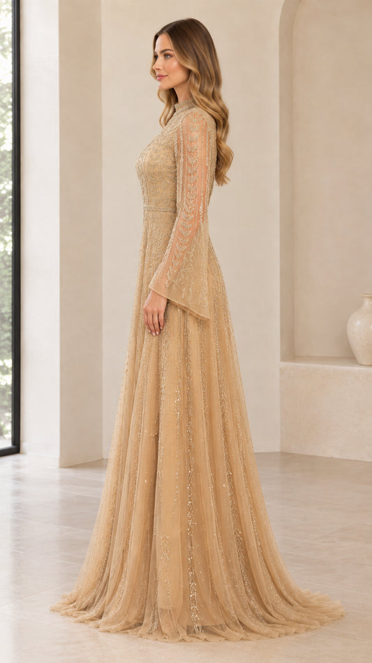 Side profile of model in champagne embellished long sleeve formal dress