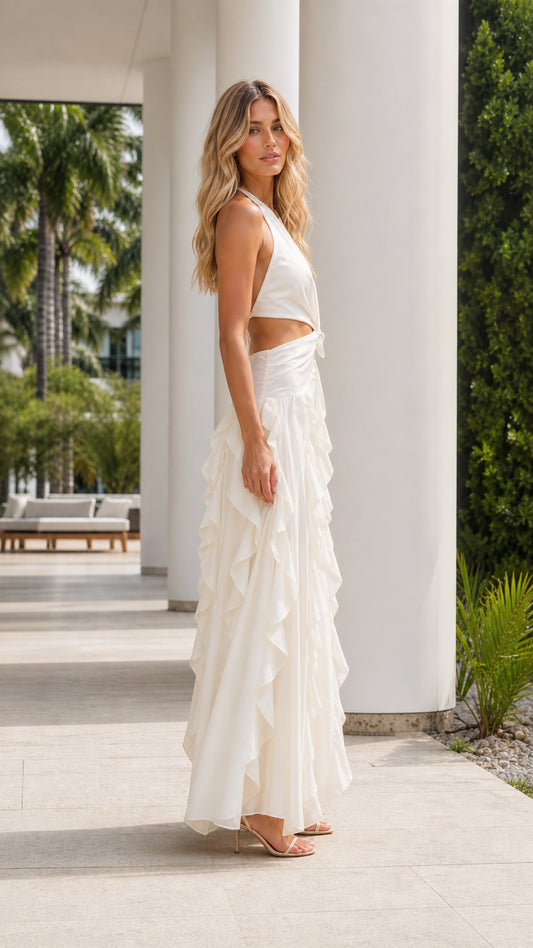 Ivory backless ruffle maxi dress side angle view