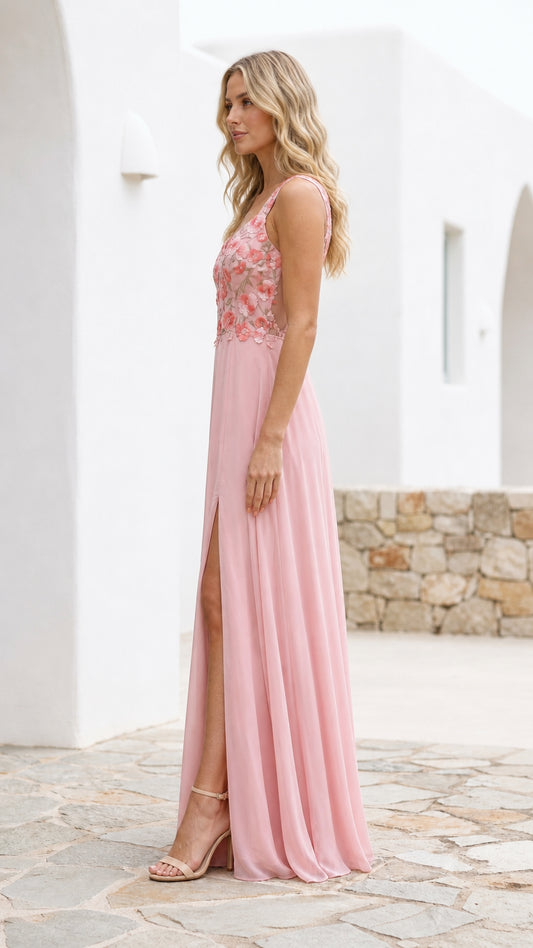 Side view of pink maxi dress with high slit