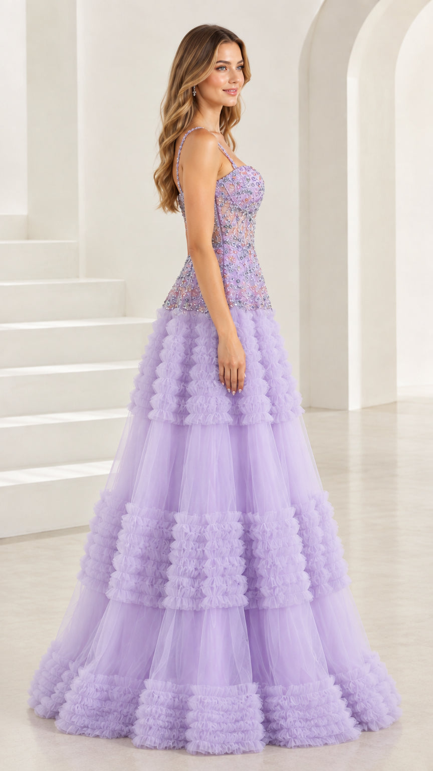 Side profile of Lilac spaghetti strap evening gown with tiered tulle skirt