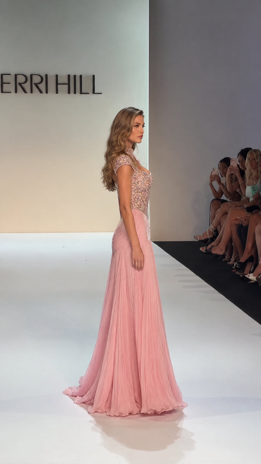 Side view of model in Blush Pink embellished bodice floor length formal dress