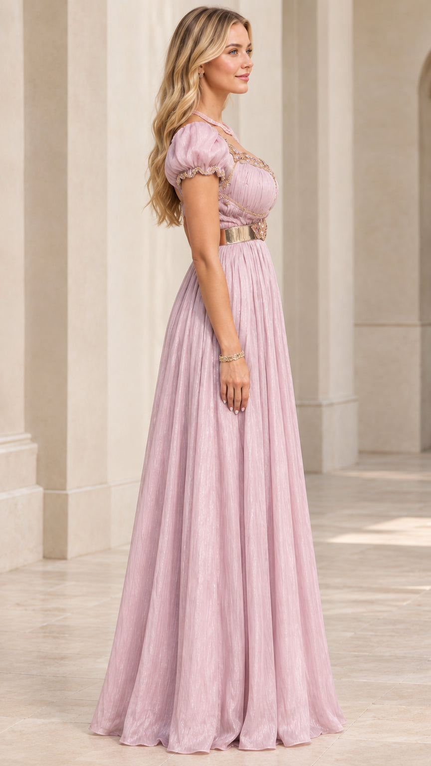 Dusty lilac formal empire waist maxi dress - side view