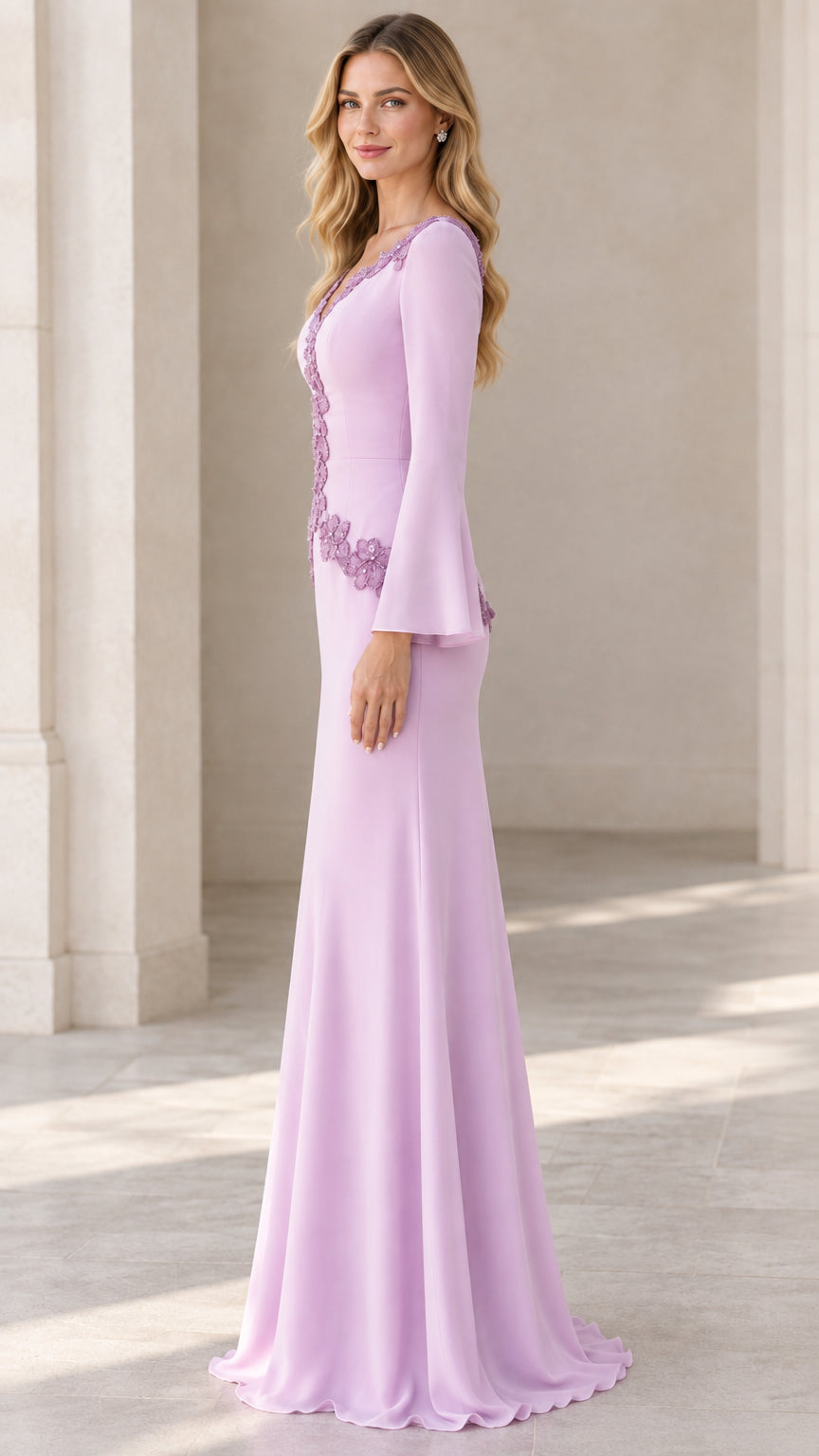 Side profile view of lavender formal maxi dress with flared sleeves