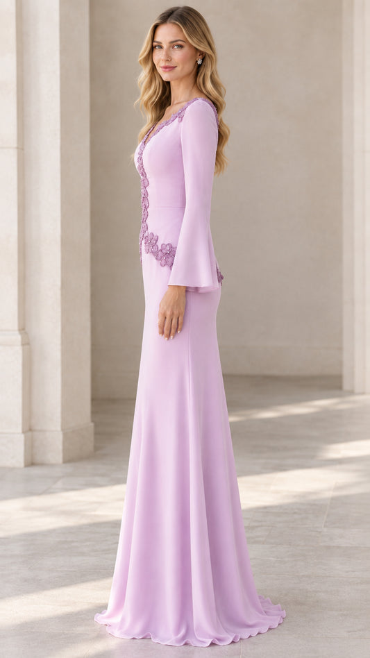 Side profile view of lavender formal maxi dress with flared sleeves