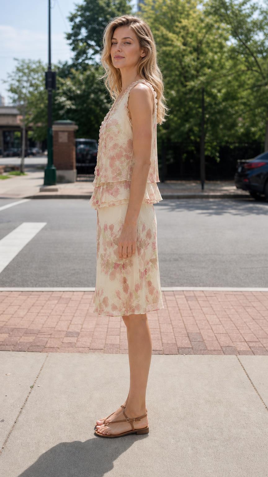 Side profile of woman wearing Cream floral tiered dress