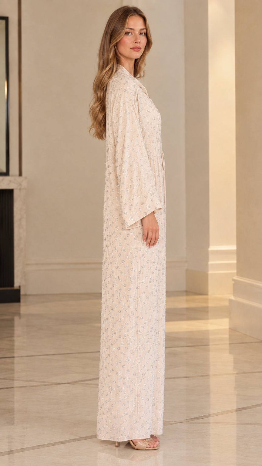 Cream floral sequin embroidered kaftan maxi dress side view on model