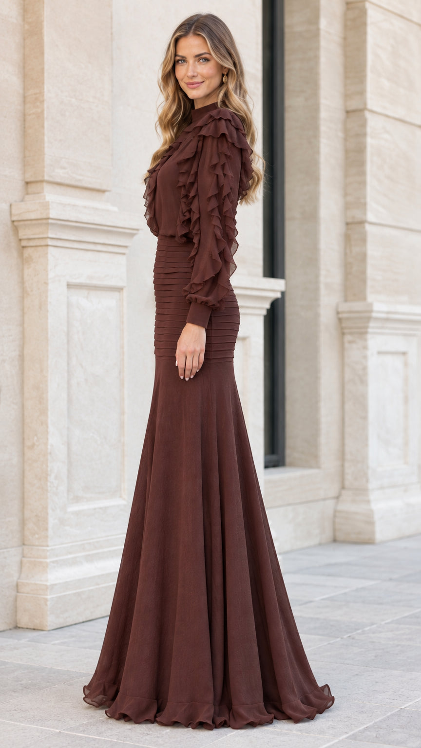 Side profile of Chocolate Brown long sleeve evening dress with ruched drop waist