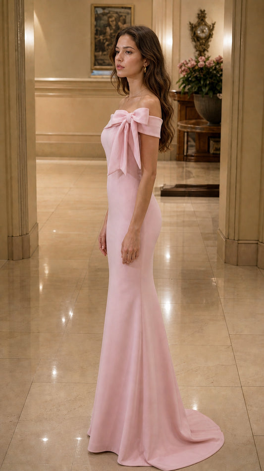 Side profile view of light pink evening gown