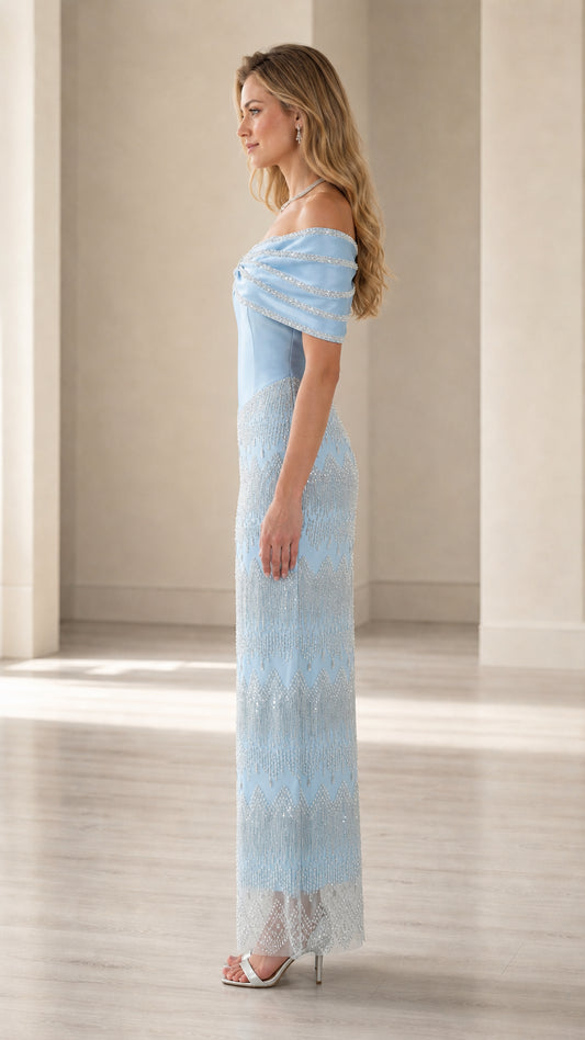 Side profile view of light blue basque waist formal dress with beaded column skirt