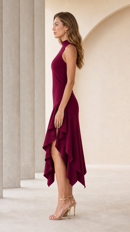 Side profile of model wearing burgundy ruffle dress