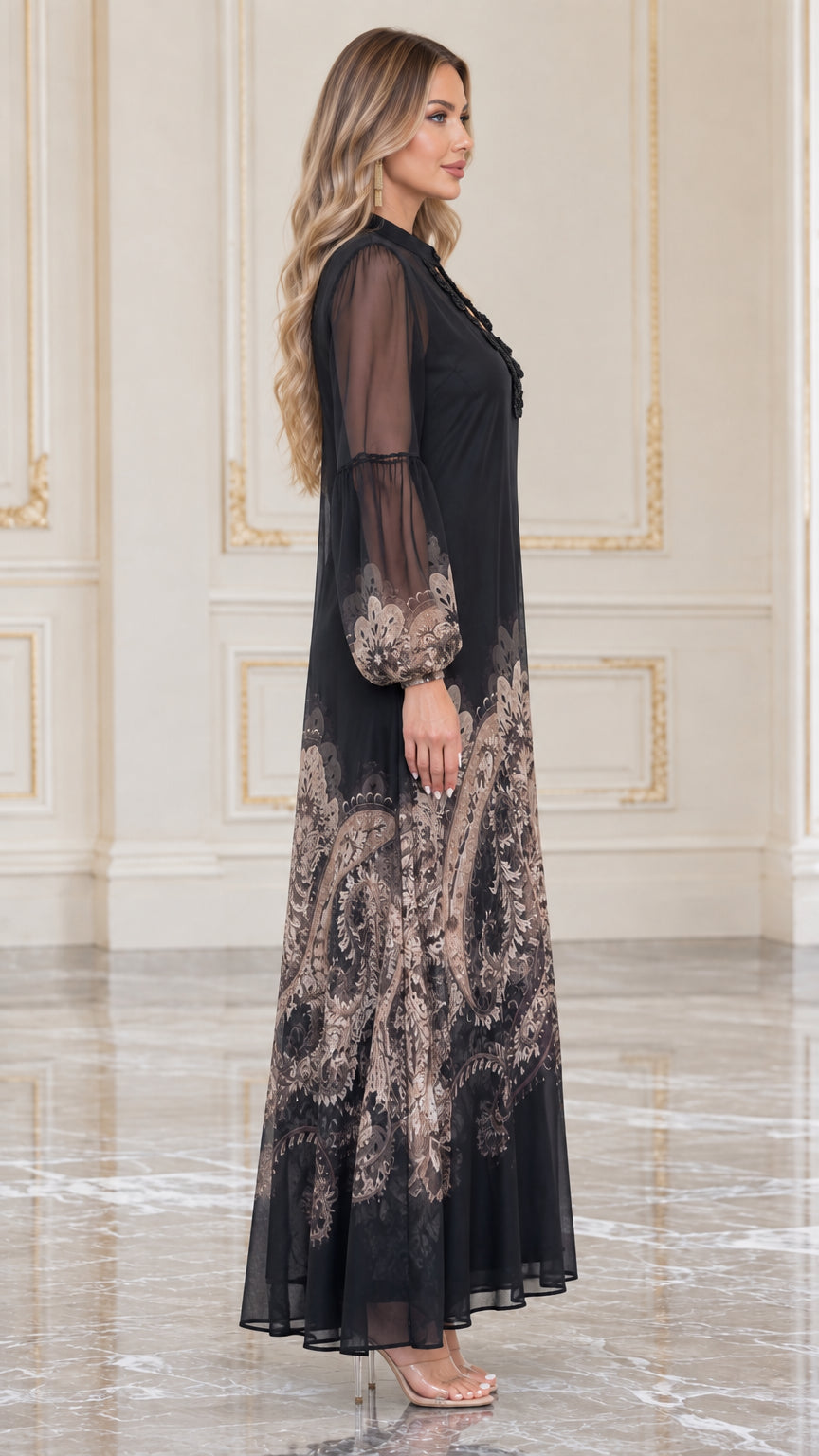 Side profile view of black long sleeve paisley formal maxi dress